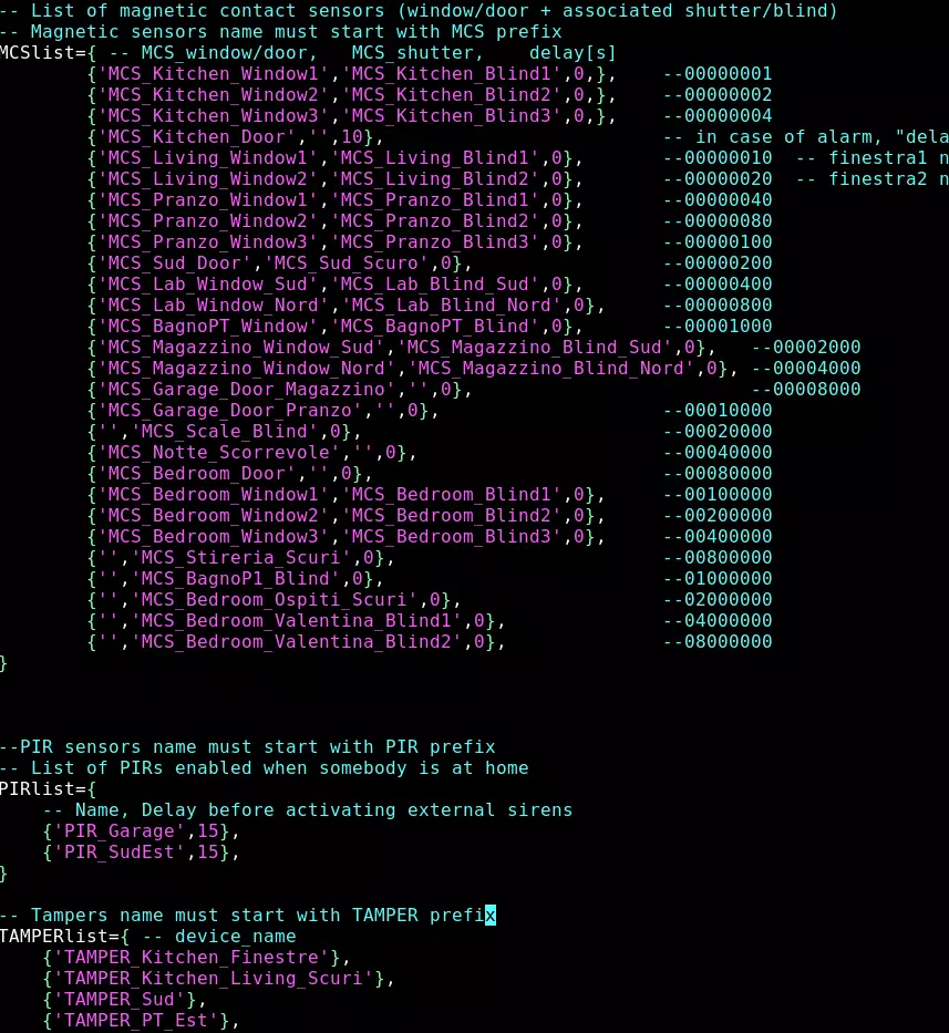 Screenshot of the configuration file for the free burglar alarm system using Domoticz