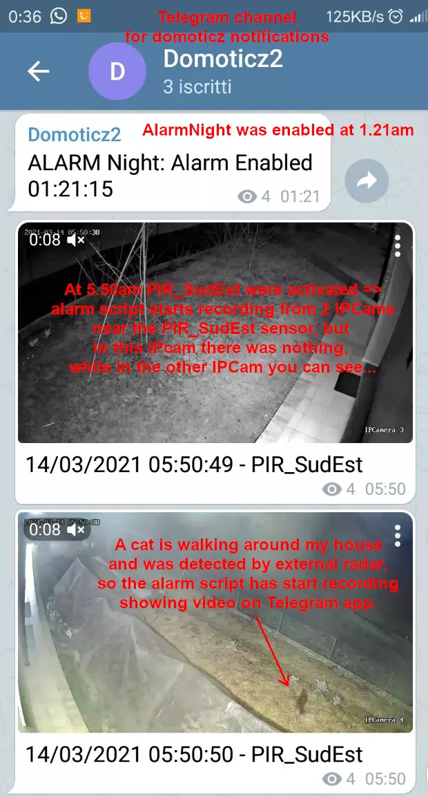 app Telegram che mostra lo stato dell'allarme e i video