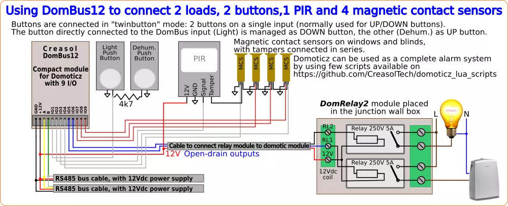 Creasol DomBus12 domoticz module that control 2 loads (220V) by 2 buttons and 5 alarm sensors