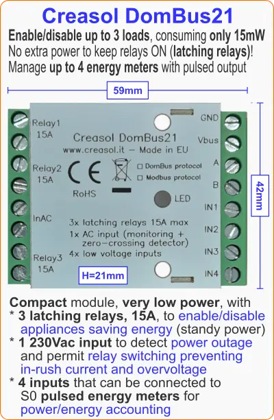 DomBus21 lowest power relay board, up to 15A 3kW