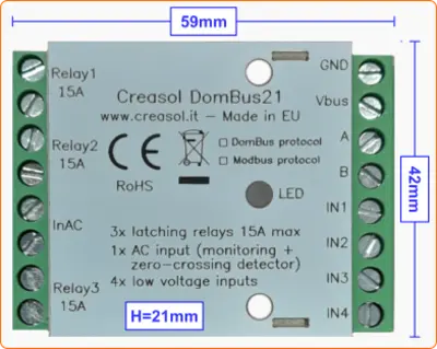 DomBus21 domotic module with 3 latching relays, 1 AC input and 4 low voltage inputs
