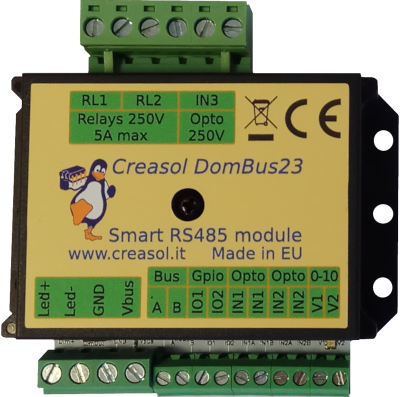 DomBus23: 2 N.O. relay outputs, 1 mosfet output for 12-24V LED dimming or other DC loads, 2 analog outputs 0-10V, 2 GPIO, 2 low voltage opto-inputs 5-40V, 1 230Vac opto input alt DomBus23 image