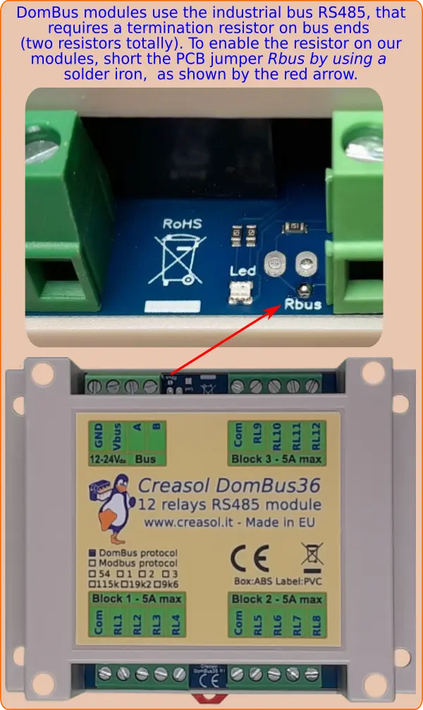 How to enable termination resistor on Creasol Modbus modules