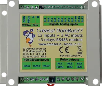 DomBus37 alarm module for home automation systems, with 11 inputs, siren power supply and monitor, 3 outputs, 3 AC inputs