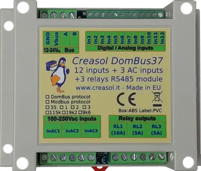 Modulo allarme DomBus37 per sistemi domotici, con 11 ingressi, alimentazione sirena e monitor, 3 uscite, 3 ingressi AC