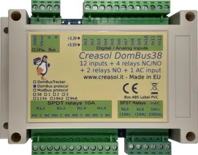 domotic module with 6 relays, 1 AC input, 12 low voltage inputs