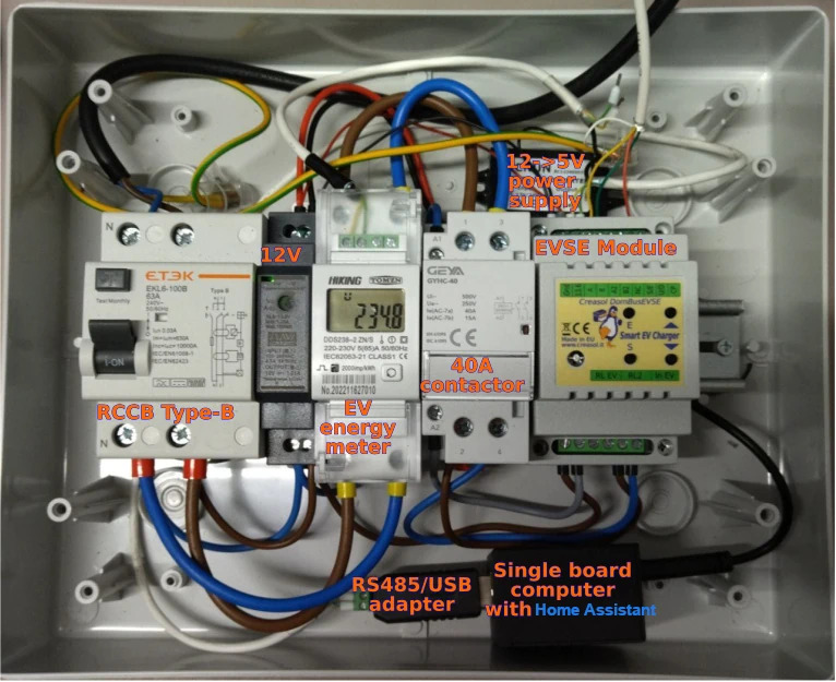 DIY wallbox using Creasol DomBusEVSE module with Home Assistant DomBusEVSE connections