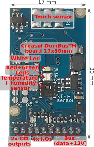 Creasol DomBusTH module within temperature sensor, relative humidity sensor, 4x I/O, 2 open-drain outputs, red led, green led, white led, for Domoticz and Home Assistant
