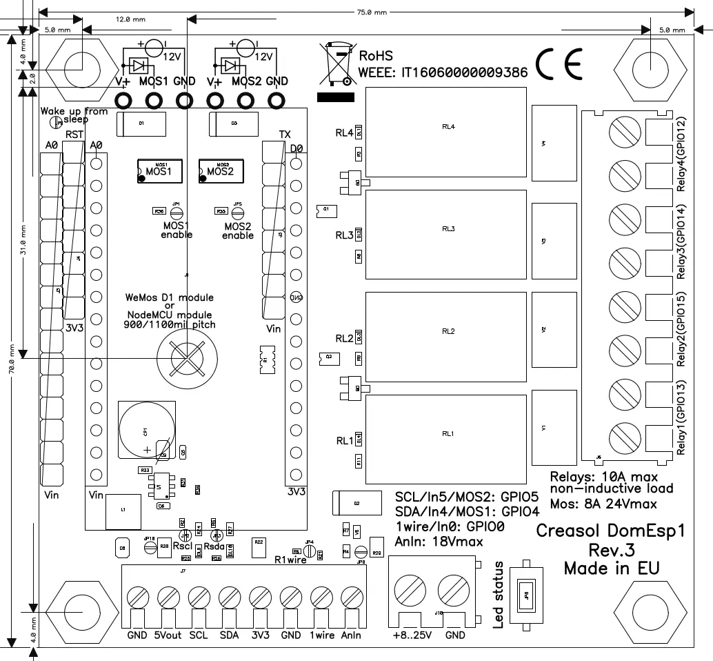 Layout for DomESP1 board using NodeMCU v3 ESP8266 MCU