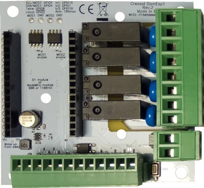 Creasol DomESP2 board for NodeMCU ESP8266 modules, with plugin terminal blocks