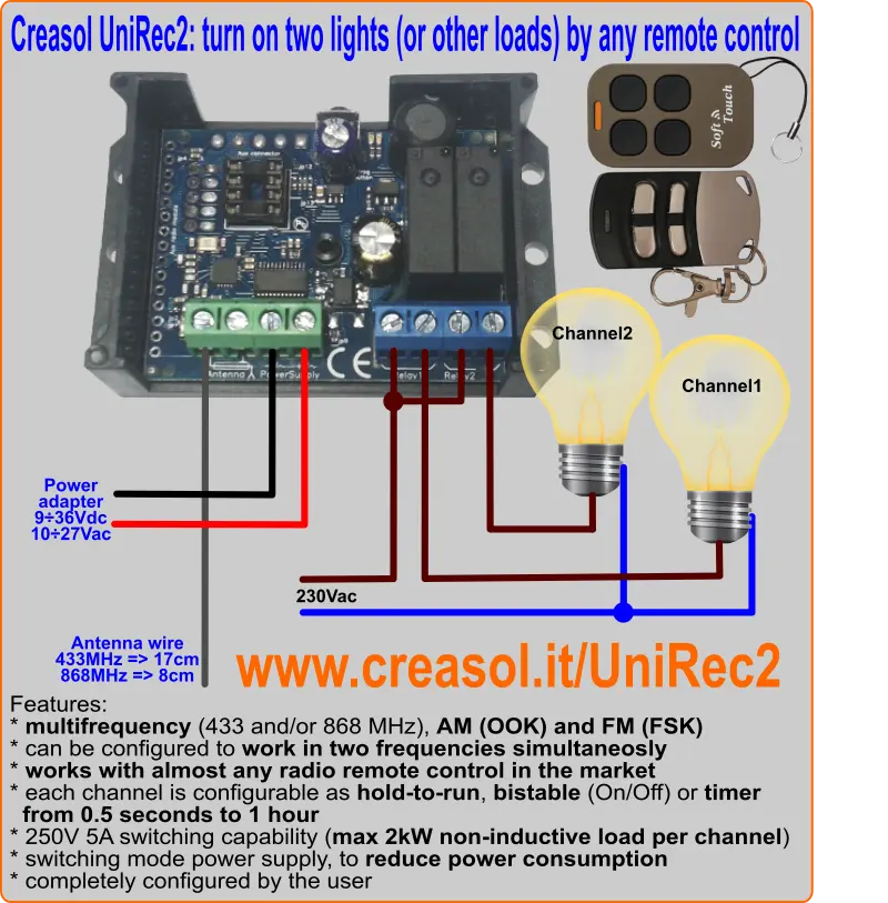 Using UniRec2 to turn On / Off lights by radio remote controls