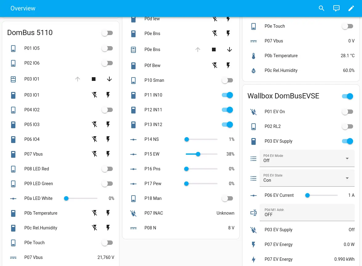 screenshot of Home Assisstant that automatically read and manage some DomBus modules