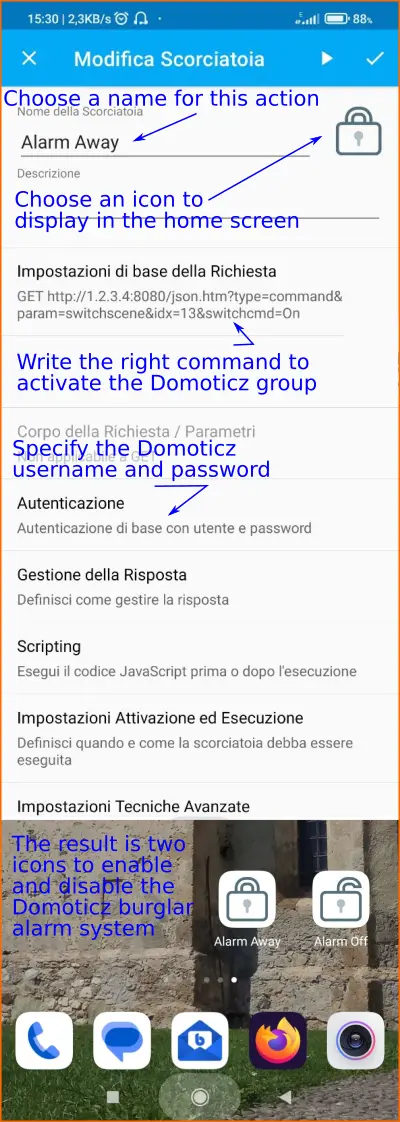 Aggiunta di icone sullo smartphone per avere collegamenti URL HTTP ad alcune funzioni, come l'attivazione e la disattivazione della sveglia